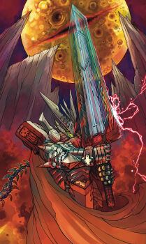 cape commentary_request electricity highres holding holding_sword holding_weapon mecha mechanical_tail no_humans original bad_tag planet red_cape ringed_eyes robot science_fiction smoke standing super_robot sword tail weapon yamanushi yellow_eyes