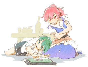 2girls alternate_hairstyle black_skirt blue_dress blue_shoes blush board_game bottle bowl commentary_request cup dress frown green_eyes green_hair head_on_another's_leg kneeling lying medium_hair multiple_girls no_headwear on_side onozuka_komachi playing_games ponytail puffy_short_sleeves puffy_sleeves red_eyes red_hair reversi shiki_eiki shirt shoes short_hair short_sleeves skirt table touhou white_background white_shirt white_skirt ziro_(daydozen)