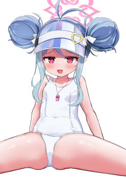1girl :d absurdres alternate_hairstyle antenna_hair bare_arms bare_shoulders blue_archive blue_hair blush collarbone fubuki_(blue_archive) fubuki_(swimsuit)_(blue_archive) hair_ornament heart highres loli looking_at_viewer one-piece_swimsuit open_mouth panties red_eyes sidelocks sitting smile solo spread_legs swimsuit twintails underwear visor_cap white_background white_panties yuzumitu_zatou