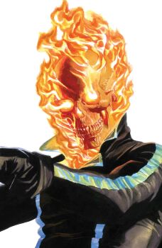 1boy absurdres alex_ross black_gloves black_jacket comic_cover cover cover_page fire flaming_head flaming_skull ghost_rider ghost_rider_(series) gloves highres jacket leather leather_jacket looking_at_viewer male_focus marvel official_art skull skull_head solo upper_body western_comics_(style) white_background white_trim