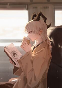 1girl absurdres alternate_costume black_horns book brown_jacket closed_mouth commentary cup curled_horns disposable_coffee_cup disposable_cup drinking elyzerda female_rover_(wuthering_waves) highres holding holding_book holding_cup horns jacket long_hair looking_down open_book reading red_eyes rover_(wuthering_waves) solo train_interior white_hair wuthering_waves zani_(wuthering_waves)