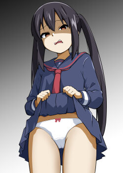 1girl absurdres black_hair black_sailor_collar black_serafuku black_skirt brown_eyes clothes_lift commentary_request disgust gradient_background highres k-on! lifting_own_clothes long_hair nakano_azusa neckerchief odenyarou official_alternate_costume panties red_neckerchief sailor_collar school_uniform serafuku shaded_face skirt skirt_lift solo thighs twintails underwear white_panties winter_uniform
