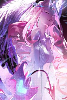 Rule 34 | 1girl, angel, angel wings, breasts, cleavage, colored skin, cookie run, cookie run: kingdom, demon girl, dress, eternal sugar cookie, halo, highres, lips, long hair, medium breasts, pcacao, pink hair, pink skin, solo, very long hair, white dress, wings