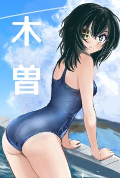 1girl ass blush breasts day eyepatch green_eyes green_hair hashtag-only_commentary kantai_collection kiso_(kancolle) kiso_kai_ni_(kancolle) kiso_kai_ni_(swimsuit)_(kancolle) looking_at_viewer outdoors pool short_hair sirayuki0328081 small_breasts smile solo water