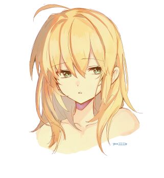 Rule 34 | 1girl, absurdres, ahoge, alternate hairstyle, artist name, artoria pendragon (fate), blonde hair, commentary request, fate/stay night, fate (series), green eyes, hair between eyes, half-closed eyes, highres, long hair, looking to the side, saber (fate), sidelocks, simple background, solo, teeth, upper body, white background, yaajjjjjp