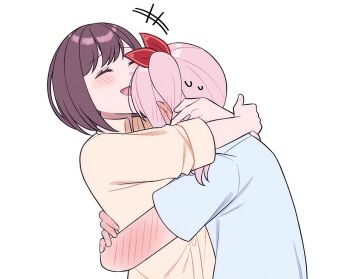 +++ 2girls akiyama_mizuki arms_around_neck blush bob_cut body_blush brown_hair closed_eyes collared_shirt commentary ear_blush fingernails hug multiple_girls mutu_(25love) neck_blush nervous_sweating open_mouth pink_hair project_sekai shinonome_ena shirt short_hair short_sleeves side_ponytail simple_background sweat upper_body white_background white_shirt yuri