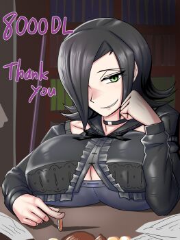 Rule 34 | 1girl, banamei, black hair, breasts, celebration, choker, coin, dragon conqueror, green eyes, grin, highres, indoors, large breasts, looking at viewer, melmeya (banamei), milestone celebration, official art, sitting, smile, solo, solo focus, thank you
