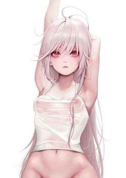 1girl antenna_hair arm_behind_head arm_up armpits bottomless breasts collarbone commentary emily_(last_origin) english_commentary expressionless groin highres last_origin long_hair looking_at_viewer madan_(kkh8936) navel nipples out-of-frame_censoring pink_eyes see-through_clothes see-through_shirt shirt simple_background solo white_background white_hair
