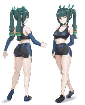 1girl :/ android aqua_eyes arm_warmers ass breasts butt_crack cleavage dolphin_shorts from_behind full_body green_hair highres looking_at_viewer medium_breasts multiple_views narrowed_eyes navel qingyi_(zenless_zone_zero) robot_girl shorts simple_background sports_bra tachi-e thighs thojad twintails white_background zenless_zone_zero