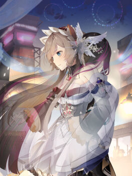 2girls bare_shoulders black_dress black_hair blue_eyes bonnet breasts brown_hair cleavage columbina_(genshin_impact) commentary_request detached_sleeves dress fading floating_hair genshin_impact gloves half_gloves highres komesiwo_syumi long_sleeves multicolored_hair multiple_girls outdoors parted_lips purple_hair sandrone_(genshin_impact) short_hair_with_long_locks two-tone_hair white_bonnet white_gloves