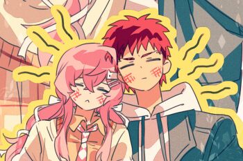 1boy 1girl artist_request artist_self-insert blue_jacket blush bow breasts commission couple cropped dress emiya_shirou fate/stay_night fate_(series) flower_swing hair_ornament highres jacket long_hair long_sleeves momomiya_shizuku_(gaoyue_jixiang) oc_x_canon open_clothes open_jacket orange_hair original pastels pink_eyes pink_hair print_ribbon red_hair ribbon seasons second-party_source shirt skirt solo twintails white_jacket