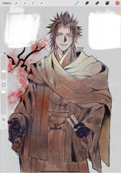 Rule 34 | 1boy, alternate costume, art program in frame, artist name, black gloves, black hair, branch, closed mouth, commentary, cowboy shot, english commentary, final fantasy, final fantasy vii, gloves, hakama, hakama pants, highres, japanese clothes, kimono, looking at viewer, male focus, nomad vv, pants, parted bangs, scarf, short hair, solo, spiked hair, zack fair