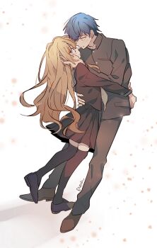 1boy 1girl aisaka_taiga black_jacket black_pants black_shoes black_skirt black_thighhighs blue_hair brown_hair commentary_request enoch_(enoch0501) face-to-face jacket long_sleeves looking_at_another over-kneehighs pants pleated_skirt school_uniform shoes skirt takasu_ryuuji thighhighs toradora!