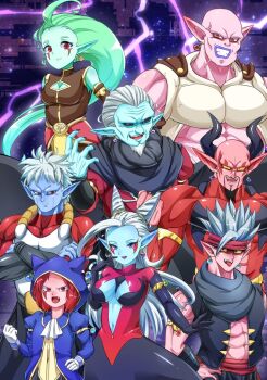 Rule 34 | 2girls, 6+boys, animal hood, armlet, bald, bandages, bandana, black gloves, black sclera, black vest, blue skin, breasts, brother and sister, cat boy, cat hood, cleavage, cleavage cutout, clenched hand, clothing cutout, colored sclera, colored skin, commentary request, covered pectorals, crop top, crossed arms, dabura, demon, demon horns, dragon ball, dragon ball heroes, earrings, facial hair, facial mark, fang, fangs, gloves, goatee, gold armlet, golden armlet, gravy (dragon ball), green hair, grin, hair slicked back, hood, hair horns, horns, husband and wife, jewelry, large breasts, lightning, long hair, mechikabura, midriff, mira (dragon ball), moguro (qianchul), multiple boys, multiple girls, muscular, muscular male, navel, no eyebrows, official alternate costume, old, old man, open mouth, pectorals, pink skin, pointy ears, potara earrings, protected link, purple background, purple eyes, purple lips, putine (dragon ball), red eyes, salsa (dragon ball), scarf, short hair, shroom (dragon ball), siblings, slit pupils, smile, spiked hair, stomach cutout, teeth, tongue, tongue out, towa (dragon ball), turtleneck, very long hair, vest, white gloves, white hair, wrinkled skin, yellow sclera