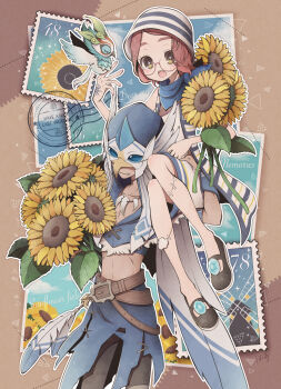 1boy 1girl abs alternate_costume belt bird bird_mask brown_eyes cardigan carrying_over_shoulder cloche_hat commentary_request couple crop_top cross-shaped_pupils dress eye_mask flower hat helena_adams hetero highres identity_v jewelry mary_janes mask multiple_belts naib_subedar naib_subedar_(eagle&#039;s_dance) necklace official_alternate_color open_mouth red_hair shoes smile striped_cardigan sunflower symbol-shaped_pupils tooth_necklace white_dress yunoichi-hoshiduki