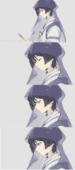 1boy blunt_ends close-up closed_mouth clothing_cutout colored_inner_hair eyeliner eyeshadow facing_down feathers fork genshin_impact grey_background grey_hair half-closed_eyes highres holding holding_fork japanese_clothes kariginu layered_sleeves looking_at_object looking_down looking_to_the_side makeup male_focus multicolored_hair pom_pom_(clothes) purple_eyes purple_sleeves purple_veil red_eyeliner red_eyeshadow scaramouche_(genshin_impact) scaramouche_(kabukimono)_(genshin_impact) see-through_clothes see-through_veil sequential shimianaya shoulder_cutout solo string tasuki tuning_fork veil white_sleeves wispy_bangs yellow_feathers