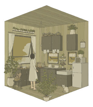 1girl animal bag baguette barefoot basket bob_cut bowl bread brown_theme cabinet calico_(pattern) calico_cat cat ceiling cloud commentary_request cooking_pot curtains dress faucet food from_behind glass_bottle glass_bowl glass_jar hanging_light highres indoors kettle kitchen light_bulb long_sleeves ma_(mamamauuuuu) microwave monochrome open_window original paper_bag pet plant potted_plant refrigerator shelf short_hair sink sky slice_of_life solo standing wide_shot window wooden_floor