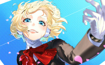 1girl absurdres aigis_(persona) android black_jacket blonde_hair blue_background blue_eyes border bow bowtie commentary_request crying dotted_background eye_reflection falling_petals floating_hair gekkoukan_high_school_uniform gloves grin hairband happy_tears headphones highres jacket layered_sleeves long_sleeves outstretched_arm persona persona_3 petals pink_lips pink_petals portrait red_bow red_bowtie reflection robot_ears robot_girl school_uniform shiratsuc0303 shirt short_hair smile solo tears white_border white_gloves white_shirt