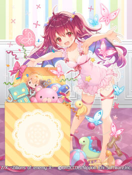 1girl ahoge armpits babydoll ball balloon bat_hair_ornament bat_wings breasts bug bugle butterfly cleavage confetti copyright_notice fang flower glowing_butterfly hair_flower hair_ornament heart_balloon indoors insect instrument kendama looking_at_viewer medium_breasts nei_(z/x) official_art open_mouth outstretched_arms pink_babydoll red_eyes red_hair red_ribbon ribbon serino_itsuki spread_arms star_(symbol) stuffed_animal stuffed_toy teddy_bear toy_box toy_car toy_robot twintails wings z/x