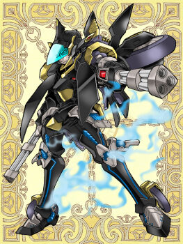Rule 34 | 1boy, armor, dual wielding, gun, hojo keito, holding, holding gun, holding weapon, kerberos blade, looking at viewer, male focus, mecha danshi, power armor, smoke, solo, tsushima naoto, visor, weapon, wheel