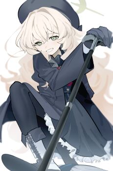 Rule 34 | 1girl, 1other, absurdres, beret, black coat, black gloves, black hat, black pantyhose, black sailor collar, black shirt, blonde hair, blue archive, bow, bowtie, cane, coat, cross-laced footwear, crossed bangs, dantyou2525, evil grin, evil smile, frilled skirt, frills, from below, gloves, green eyes, grin, hair between eyes, halo, hat, highres, holding, holding cane, long hair, looking down, open clothes, open coat, out of frame, pantyhose, professor niyaniya (blue archive), red bow, red bowtie, sailor collar, shirt, side ahoge, sidelocks, skirt, smile, stepped on, white footwear, yellow halo