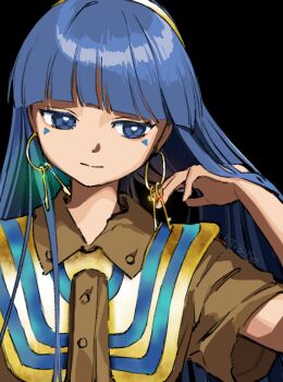 1girl black_background blue_eyes blue_hair brown_shirt buttons capelet closed_mouth collared_shirt commentary_request earrings facial_mark gold_hairband hairband hand_up highres hime_cut jewelry kaigen_1025 key_earrings long_hair looking_afar michigami_nareko shirt short_sleeves simple_background single_sidelock solo striped_capelet tan touhou triangle triangle_facial_mark twitter_username upper_body yellow_capelet