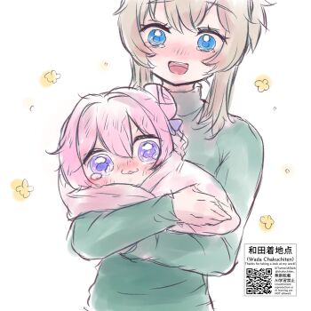 2girls blanket blue_eyes blush brown_hair commentary_request doro_(nikke) goddess_of_victory:_nikke highres long_hair multiple_girls open_mouth pink_hair purple_eyes short_hair tears wada_chakuchiten