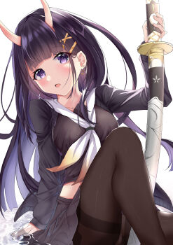 1girl absurdres azur_lane black_cardigan black_hair black_serafuku black_skirt breasts brown_pantyhose cardigan commentary_request ct.ender earrings feet_out_of_frame hair_ornament hairclip highres holding holding_sword holding_weapon horns jewelry long_hair long_sleeves looking_at_viewer medium_breasts midriff_peek miniskirt neckerchief noshiro_(azur_lane) oni pantyhose pleated_skirt purple_eyes sailor_collar scabbard school_uniform serafuku sheath sheathed simple_background sitting skin-covered_horns skirt solo sword thighband_pantyhose water weapon white_background white_neckerchief white_sailor_collar x_hair_ornament
