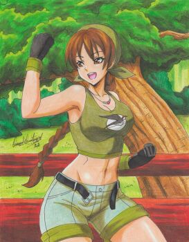 1girl 2022 absurdres artist_name bare_shoulders belt black_gloves braid braided_ponytail brown_eyes brown_hair female_focus fence fighting_stance gloves green_shirt green_shorts highres jewelry kerchief kof:_maximum_impact midriff navel necklace open_mouth outdoors ponytail ravernclouk_design shirt shorts sleeveless sleeveless_shirt snk solo teeth the_king_of_fighters traditional_media tree unbuckled upper_teeth_only yuri_sakazaki