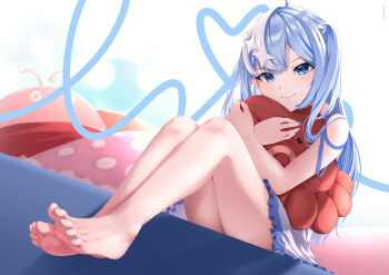 1girl absurdres barefoot blue_eyes blue_hair feet highres long_hair looking_at_viewer omazenzenn smile soles toes twintails