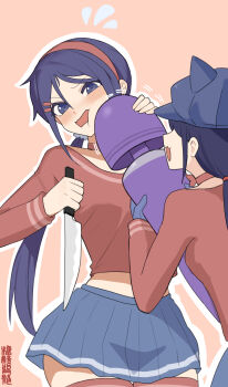 2girls absurdres blue_hat blue_skirt blush breasts cheek_press cool_mita_(miside) cowboy_shot crazy_mita_(miside) dildo flying_sweatdrops hat highres hitachi_magic_wand holding holding_knife holding_sex_toy knife long_hair long_sleeves looking_at_object midriff_peek miside mita_(miside) multiple_girls open_mouth oversized_object pleated_skirt purple_hair red_shirt red_thighhighs sex_toy shirt skirt tangcujisui thigh_gap thighhighs vibrator