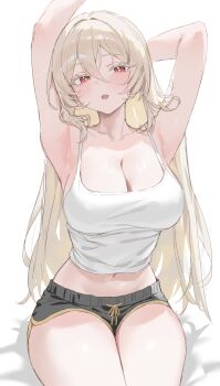 1girl :o absurdres arm_behind_head armpits arms_up bare_arms bare_shoulders black_shorts breasts camisole choyeon cleavage colored_eyelashes commission crop_top dolphin_shorts drawstring hair_between_eyes highres large_breasts lethe_rin long_hair looking_at_viewer micro_shorts midriff navel open_mouth original red_eyes second-party_source shirt shorts simple_background sitting sleeveless sleeveless_shirt solo spaghetti_strap stomach stretched_shirt thighs very_long_hair white_background white_eyelashes white_hair white_shirt