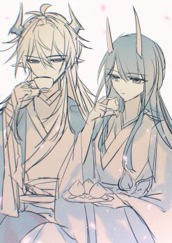 1boy 1girl absurdres acheron_(honkai:_star_rail) acheron_(izumo)_(honkai:_star_rail) antenna_hair asymmetrical_horns blunt_bangs blurry blurry_background chewing chinese_commentary couple cup drinking eating falling_petals food bad_tag fruit grey_background hair_down hakuhatsu_ki head_tilt highres holding holding_cup holding_food holding_fruit holding_plate honkai:_star_rail honkai_(series) horns japanese_clothes light_particles long_hair long_horns long_sleeves looking_down looking_to_the_side monochrome official_alternate_costume peach petals plate pointy_ears qieazhibingjiling sash shade sitting teacup uneven_horns upper_body wide_sleeves