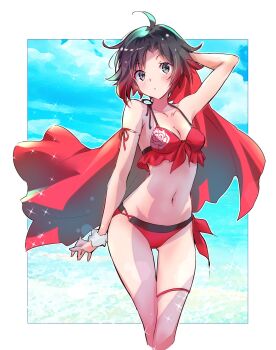 1girl bikini black_hair cape cloud cloudy_sky collarbone floral_print flower front-tie_bikini_top front-tie_top gluteal_fold gradient_hair grey_eyes highres iesupa midriff multicolored_hair navel red_bikini red_cape red_hair rose rose_print ruby_rose rwby short_hair side-tie_bikini_bottom sky solo swimsuit two-tone_hair