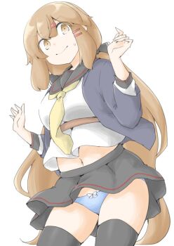 1girl akara_kai armband black_sailor_collar black_skirt black_thighhighs blue_jacket blue_panties blush bow breasts brown_hair cosplay crescent embarrassed hair_bow hair_ornament highres jacket kantai_collection long_hair long_sleeves low_twintails medium_breasts neckerchief necktie panties sailor_collar satsuki_(kancolle) satsuki_(kancolle)_(cosplay) satsuki_kai_ni_(kancolle) school_uniform serafuku shirt skirt smile solo sweatdrop tashkent_(kancolle) thighhighs twintails underwear yellow_necktie