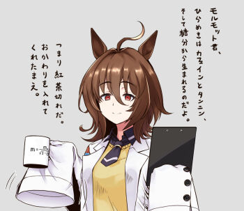 1girl agnes_tachyon_(tach-nology)_(umamusume) agnes_tachyon_(umamusume) ahoge animal_ears black_necktie brown_hair clipboard commentary_request cup equation fumiomiomi grey_background highres holding holding_clipboard holding_cup horse_ears horse_girl lab_coat long_sleeves medium_hair messy_hair motion_lines necktie partial_commentary physics red_eyes short_necktie sleeves_past_fingers sleeves_past_wrists solo sweater translation_request umamusume yellow_sweater