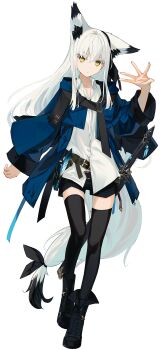 1girl absurdres animal_ear_fluff animal_ears belt black_belt black_boots black_shorts black_tail black_thighhighs blue_jacket book book_holster boots bow collared_shirt crossed_bangs double-parted_bangs extra_ears fox_ears fox_girl fox_tail full_body hair_bow highres jacket long_hair looking_at_viewer multicolored_tail nagishiro_mito original quill shirt shorts sidelocks simple_background solo sword tail tail_bow tail_ornament thighhighs weapon white_background white_hair white_shirt white_tail wide_sleeves yellow_eyes