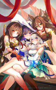 4girls absurdres ahoge animal_ear_fluff bare_shoulders black_hair blonde_hair breasts brown_hair cleavage commentary_request constance_(honkai:_star_rail) detached_sleeves dress firefly_(honkai:_star_rail) fox_girl fugue_(honkai:_star_rail) green_eyes hair_ornament hat headband highres honkai:_star_rail honkai_(series) large_breasts lingsha_(honkai:_star_rail) long_hair looking_at_viewer medium_breasts mole mole_under_eye multiple_girls nail_polish off_shoulder pointy_ears purple_eyes red_eyes scales sitting sun_hat tail thighhighs thighs tingyun_(honkai:_star_rail) tomoe_(pixiv_53856103) very_long_hair