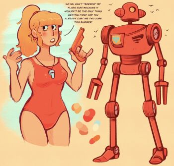 Rule 34 | 1girl, bare shoulders, blonde hair, blush, breasts, commentary, earrings, english commentary, flare gun, heart, heart earrings, highres, jewelry, lifeguard, mechanical arms, medium breasts, mostlyghostly, one-piece swimsuit, orange one-piece swimsuit, original, ponytail, red lips, red nails, robot, simple background, swimsuit, upper body, whistle, whistle around neck
