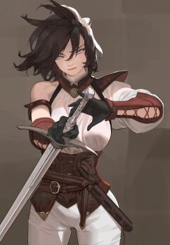 Rule 34 | 1girl, absurdres, armor, black gloves, blue eyes, brown background, brown hair, commentary, english commentary, gloves, highres, holding, holding sword, holding weapon, lips, looking at viewer, medium hair, mole, mole under eye, ori dal, original, pants, pauldrons, shoulder armor, simple background, single bare shoulder, single pauldron, single sleeve, solo, sword, weapon, white pants