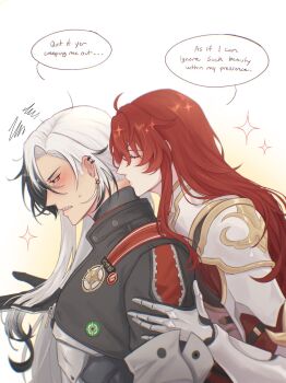 2boys ahoge argenti_(honkai:_star_rail) armor armored_gloves black_armor black_hair black_jacket blush boothill_(honkai:_star_rail) bullet_earrings cape carnaii closed_eyes closed_mouth commentary cyborg earclip earrings embarrassed english_commentary english_text hair_between_eyes hair_over_one_eye highres holding holding_another&#039;s_hair honkai:_star_rail honkai_(series) jacket jewelry kiss kissing_neck knight long_hair long_sleeves male_focus multicolored_hair multiple_boys no_headwear profile red_cape red_hair sheriff_badge sidelocks simple_background sparkle speech_bubble standing star_(symbol) sweatdrop two-tone_hair white_armor white_background white_hair yaoi zipper