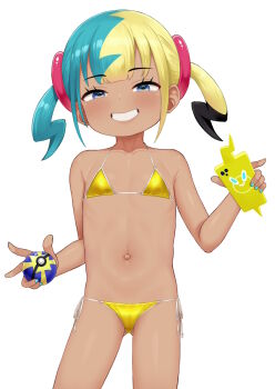 1girl atg_(wttoo0202) bikini blonde_hair blue_eyes blue_nails canari_(pokemon) dark-skinned_female dark_skin flat_chest gen_4_pokemon gold_bikini grin highres holding loli looking_at_viewer multicolored_hair navel nintendo pokemon pokemon_legends:_z-a rotom rotom_phone side-tie_bikini_bottom simple_background smile solo swimsuit twintails two-tone_hair white_background yellow_bikini