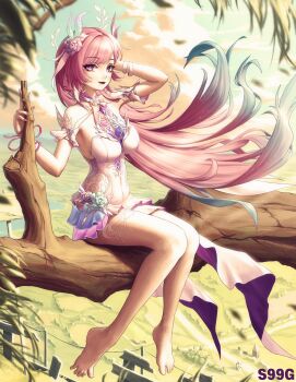 1girl absurdres aqua_hair artist_name bare_shoulders barefoot blue_sky breasts commentary_request cyrene_(honkai:_star_rail) cyrene_(ripples_of_past_reverie)_(honkai:_star_rail) diamond-shaped_pupils diamond_(shape) dress feet flower gradient_hair hair_flower hair_ornament highres honkai:_star_rail honkai_(series) large_breasts long_hair looking_at_viewer multicolored_hair outdoors pink_hair purple_eyes s99g sitting_on_branch sky solo symbol-shaped_pupils thighs toes very_long_hair white_dress white_hair