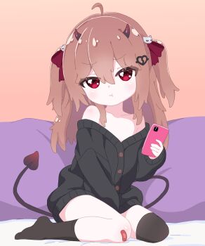 1girl :t absurdres ahoge asymmetrical_legwear bandaid bandaid_on_knee bandaid_on_leg black_cardigan black_horns black_socks black_tail black_thighhighs bottomless broken_heart broken_heart_hair_ornament brown_hair cardigan closed_mouth collarbone demon_tail evil_neuro-sama from_side full_body hair_between_eyes hashtag-only_commentary heart highres holding holding_phone horns long_sleeves mrstanleyuoh neuro-sama no_shoes phone red_eyes red_ribbon ribbon single_sock single_thighhigh sitting socks solo tail thighhighs two_side_up uneven_legwear v-neck vedal_ai wariza