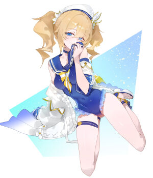 Rule 34 | 1girl, absurdres, barbara (genshin impact), barbara (summertime sparkle) (genshin impact), blonde hair, blue choker, blue eyes, blue one-piece swimsuit, blush, bow, breasts, casual one-piece swimsuit, choker, commentary, covered navel, detached sleeves, dokshuri, drill hair, genshin impact, hair ornament, hat, highres, long hair, looking at viewer, medium breasts, official alternate costume, one-piece swimsuit, sailor hat, solo, swimsuit, thigh strap, twin drills, twintails, white hat