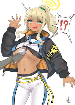 !? +_+ 1girl ^^^ aqua_eyes aqua_nails areola_slip bikini black_jacket blonde_hair blue_archive blue_pants blue_shirt blush breasts clothes_lift commentary_request covered_collarbone cowboy_shot crop_top dark-skinned_female dark_skin hair_between_eyes halo hand_up highres holding holding_microphone interview jacket large_breasts lifting_another's_clothes long_hair microphone navel open_clothes open_jacket open_mouth pants ponytail school_uniform shinon_(blue_archive) shirt shirt_lift sidelocks signature simple_background solo_focus spoken_interrobang standing stomach sweat swimsuit teeth tight_clothes tight_pants tonakai-san_(107569oekaki) two-tone_pants underboob upper_teeth_only white_background white_pants white_shirt yellow_bikini