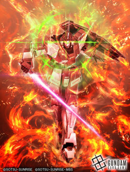 artist_request battle burning copyright_notice energy energy_sword fire glowing green_visor gundam gundam_card_game gundam_unicorn lens_flare logo machinery mecha mecha_focus mobile_suit no_humans official_art realistic robot scene_reference science_fiction shield sunrise_(company) sword title unicorn_gundam weapon
