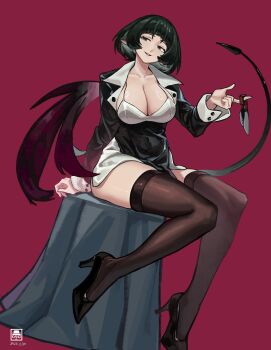 1girl absurdres animal_ears black_coat black_hair black_shoes black_tail bra breasts coat high-waist_shorts highres jane_doe_(zenless_zone_zero) kano33 knife large_breasts long_tail looking_to_the_side mouse_ears mouse_girl mouse_tail open_mouth red_background sharp_tail shoes shorts sitting smile solo spinning_weapon table tail thighhighs underwear white_bra zenless_zone_zero