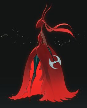 1girl 5252hk ant_girl antennae arthropod_girl black_background black_skin closed_eyes colored_skin dress highres holding holding_weapon hollow_knight hollow_knight:_silksong red_dress red_skin skarrsinger_karmelita_(hollow_knight) solo weapon