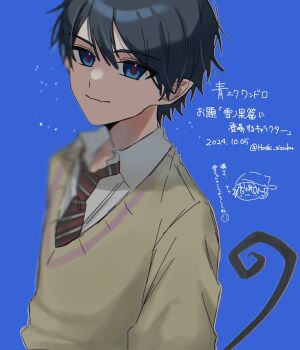 Rule 34 | 1boy, ao no exorcist, black hair, blue background, blue eyes, closed mouth, collared shirt, commentary request, dated, diagonal-striped clothes, diagonal-striped necktie, highres, hoshi no shizuku, looking at viewer, male focus, necktie, okumura rin, pointy ears, red pupils, school uniform, shirt, short hair, smile, solo, striped clothes, sweater, tail, translation request, twitter username, upper body, v-neck